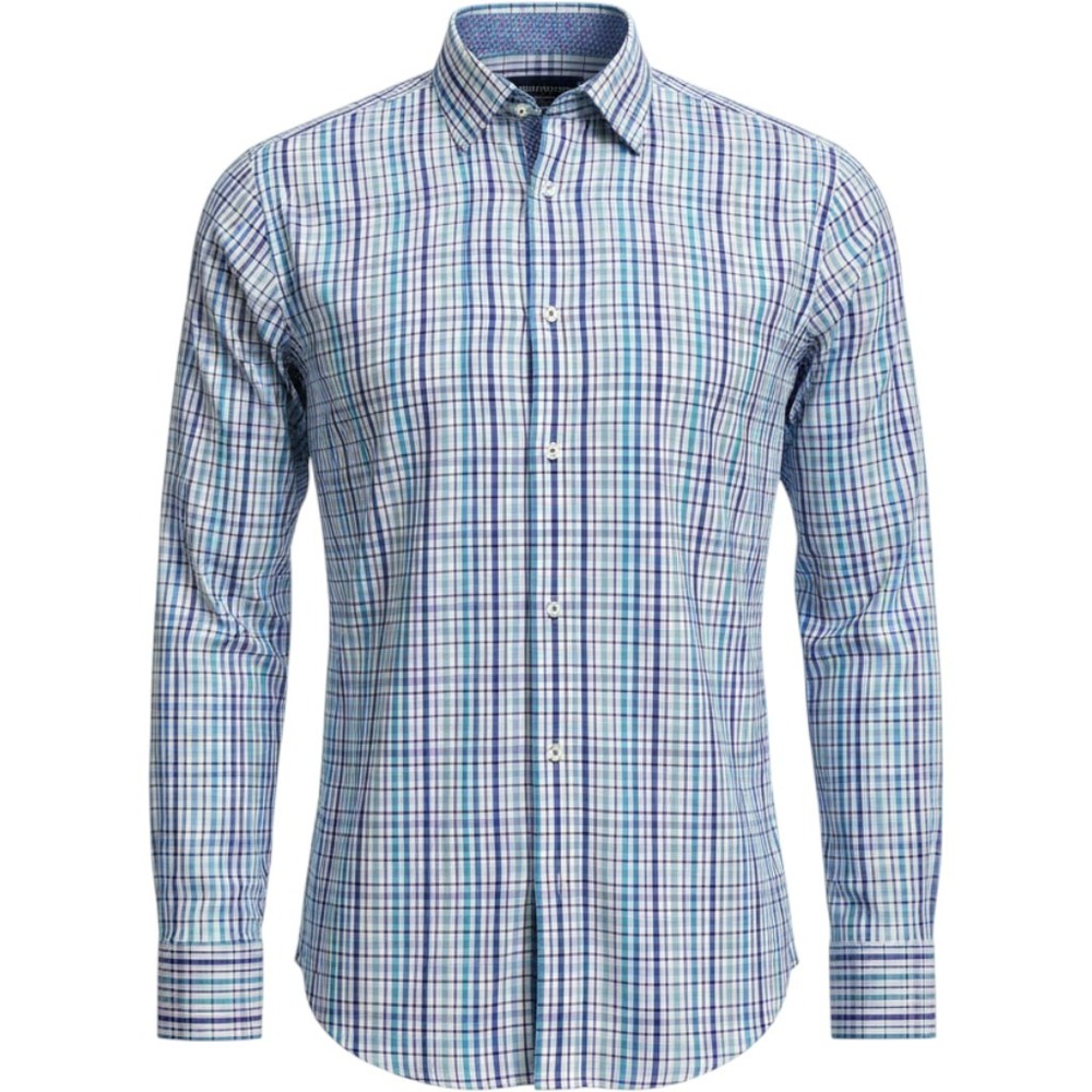 Bugatchi Uomo Mens Shaped Fit Blue White Plaid Long Sleeve Button Down Shirt L